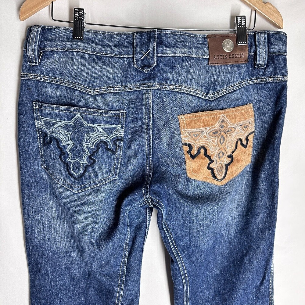 Antik Womens Denim Y2K Mid-Rise Blue Distress Patchwork Cow Girl Jeans Size 32 - Picture 6 of 10